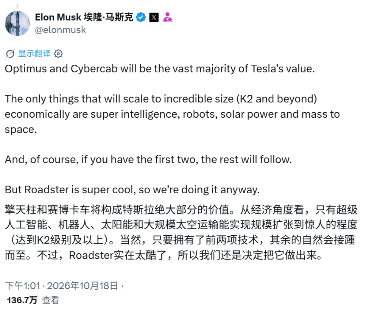 马斯克：Optimus 人形机器人和 Cybercab 将构成特斯拉绝大部分价值